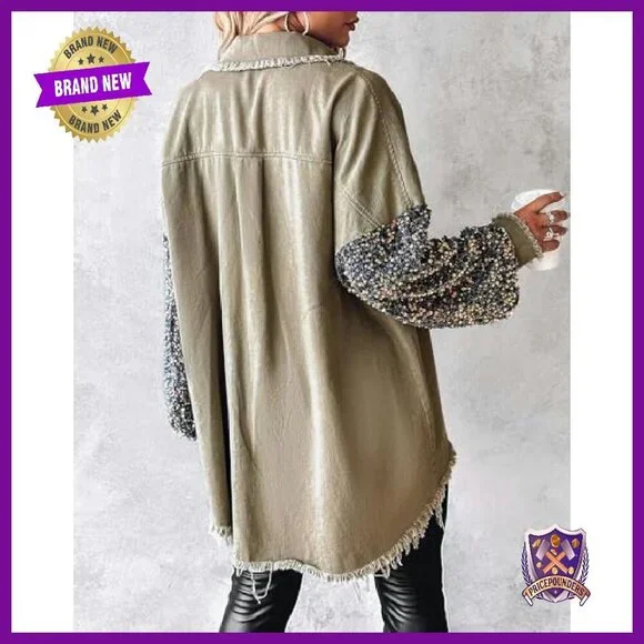 Oversized Denim Shacket with Sequin Patchwork Long Sleeves - Picture 3 of 8